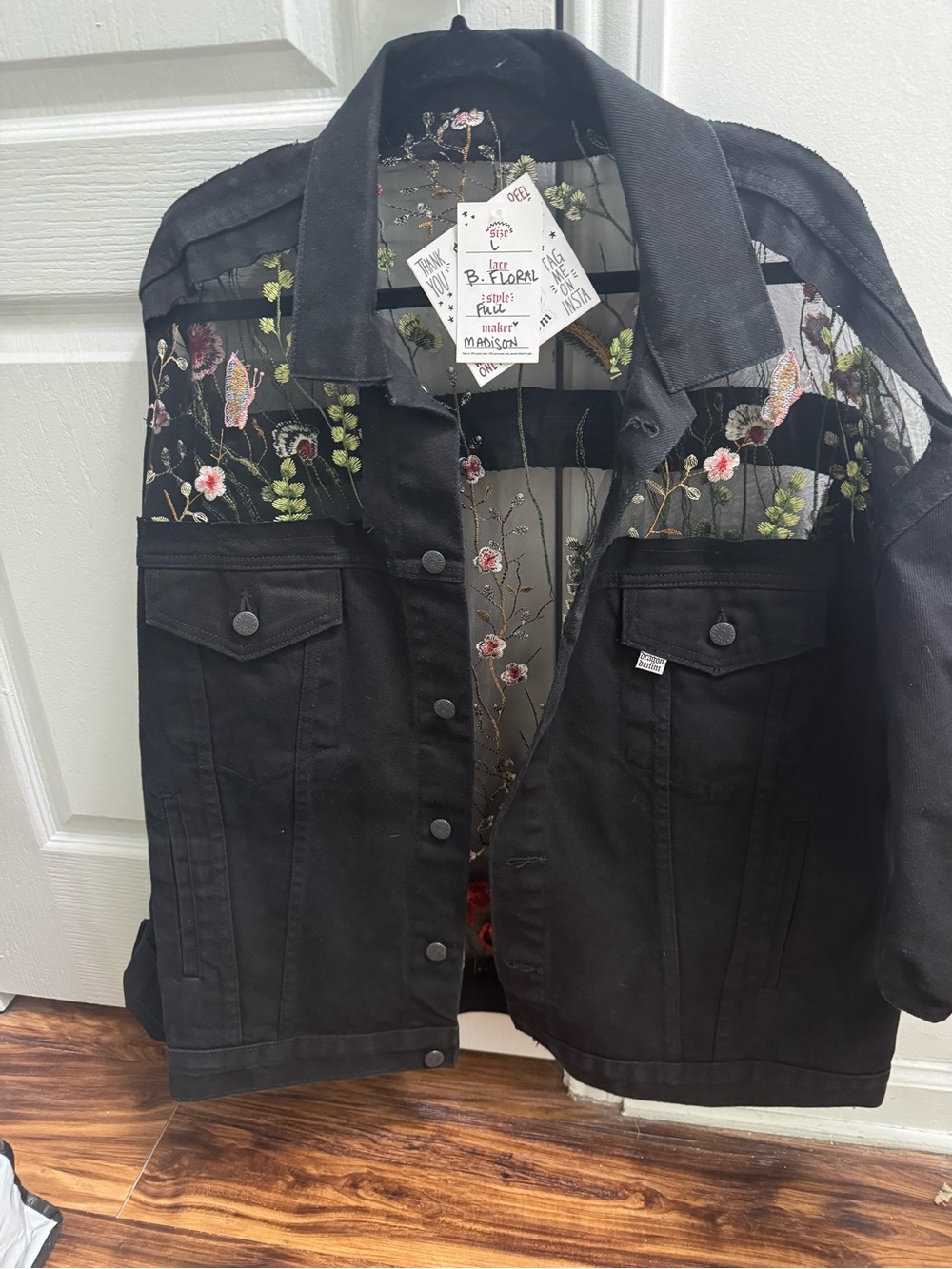 Black Denim Jacket with Floral Embroidered Mesh Yoke